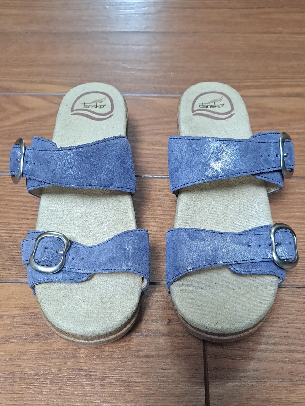Dansko Sophie Blue Metallic Leather Slide Sandals Size 38 / US 7.5 - 8